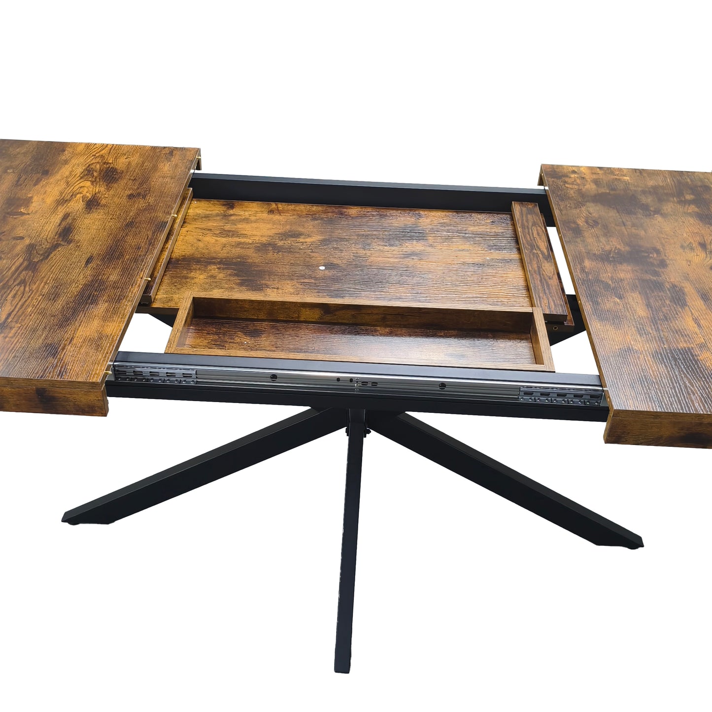 55.11"-70.86"Retro Rectangular Stretch Dining Table, Antique Wood Top And Same Color Relief Plate,With Storage Box,Suitable for dining rooms, kitchens, and living rooms, Brown image 6
