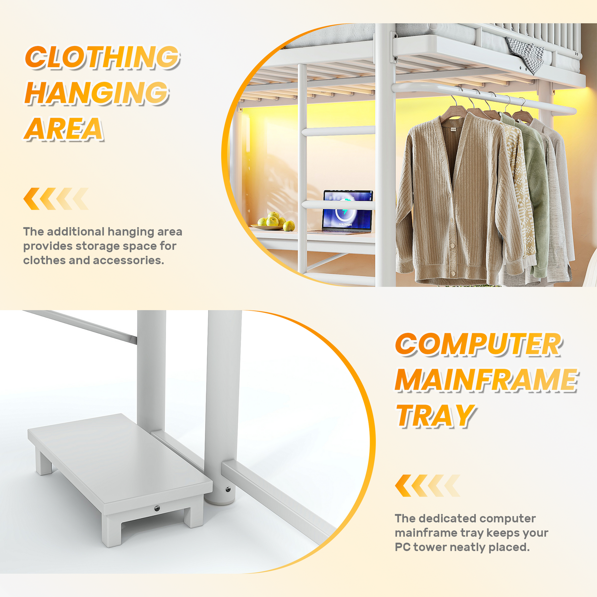 Queen Loft Bed with L-Shaped Desk,LED Light Strip and Charge Station, Metal Loft Bed with Computer Mainframe Tray and Hanging Area, Special Round Pipe Design, White image 9