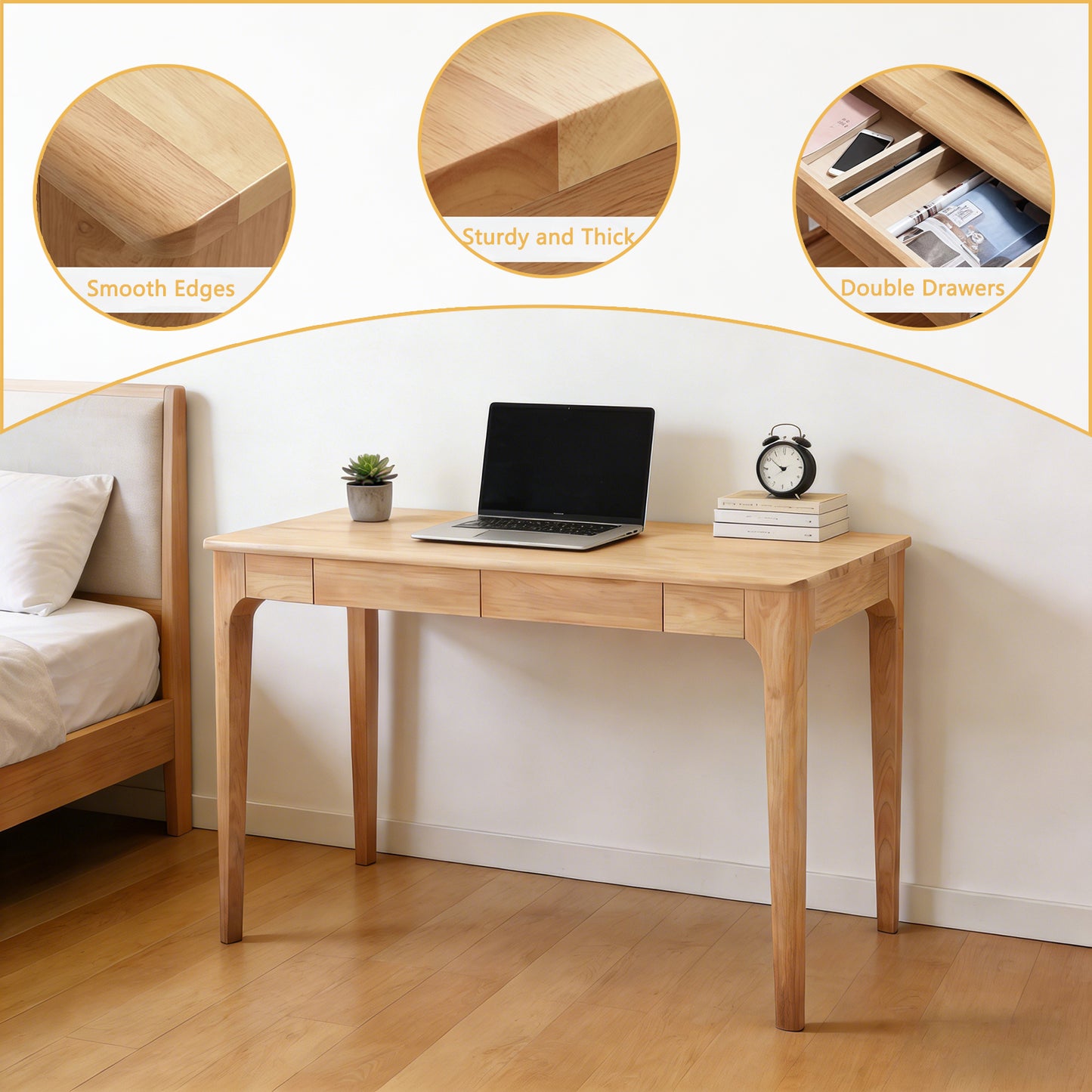 Solid Wood Desk with Drawers, Standing Desk with Smooth Edges, Home Office Desk for Small Spaces, Mid Century Modern Desk for Study, Bedroom, Living Room, Office, (Natural Wood Color) image 10