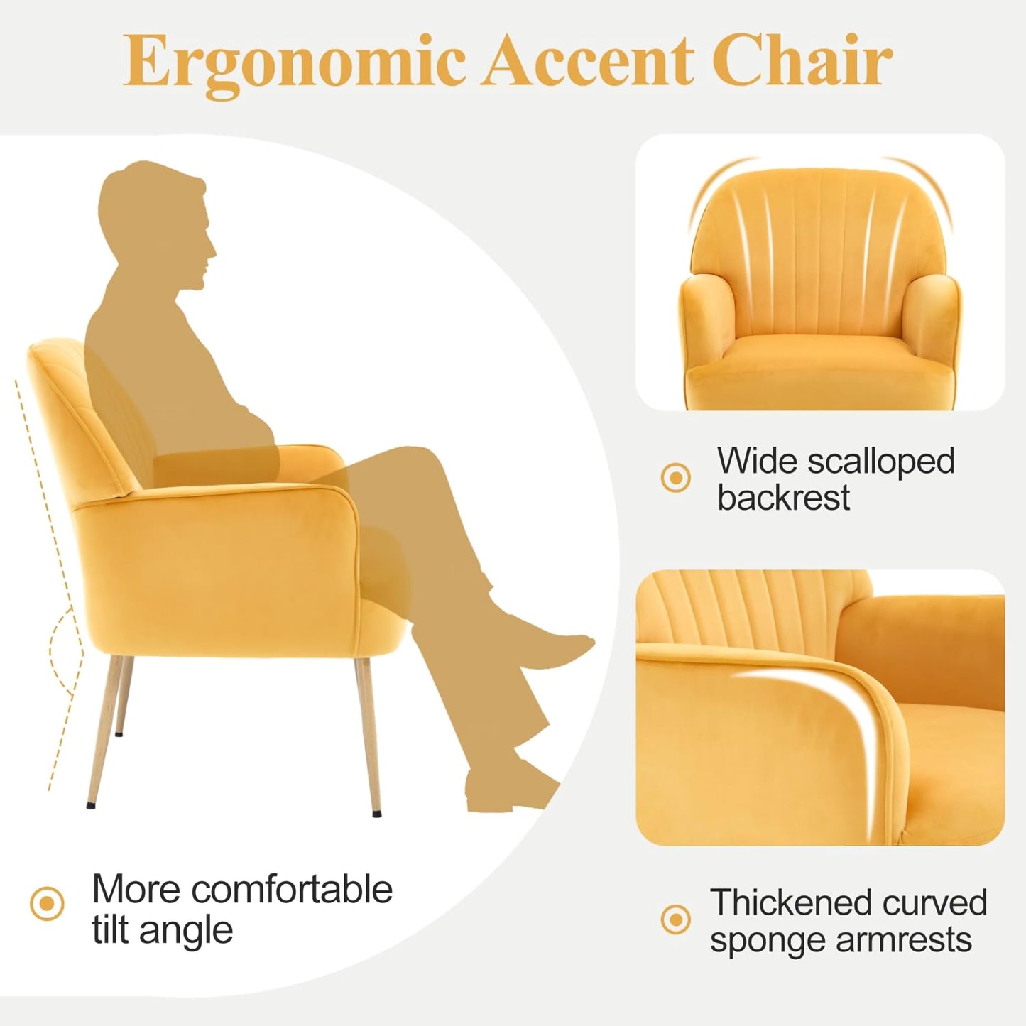 Velvet Accent Chair, Modern Upholstered Living Room Chairs, Luxury Single Sofa Armchair with Metal Legs, Comfy Barrel Chairs for Living Room, Waiting Room, Bedroom, Office and Cafe, Yellow image 4