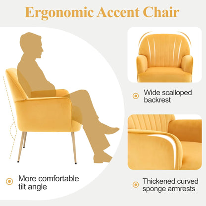 Velvet Accent Chair, Modern Upholstered Living Room Chairs, Luxury Single Sofa Armchair with Metal Legs, Comfy Barrel Chairs for Living Room, Waiting Room, Bedroom, Office and Cafe, Yellow image 4
