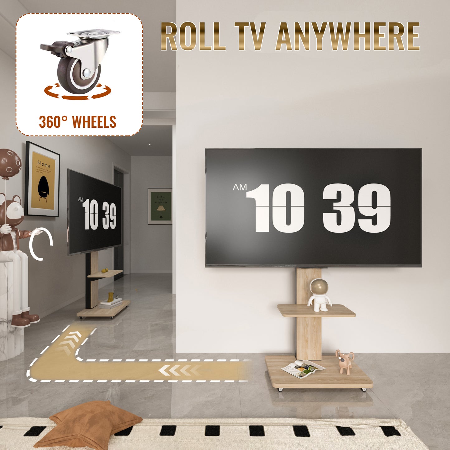TV Stand with Shelf for Living Room, Bedroom,Offices,Mobile TV Cart for 32-75 inches,Floor Stand with Mount on Lockable Wheels,Natural image 5
