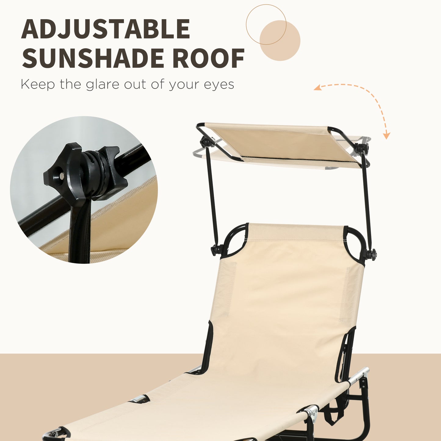 Outsunny Folding Chaise Lounge Pool Chairs, Outdoor Sun Tanning Chairs with Canopy Shade, Reclining Back, Steel Frame and Side Pocket for Beach, Yard, Patio, Tan image 5