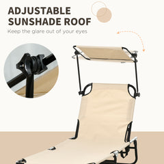 Outsunny Folding Chaise Lounge Pool Chairs, Outdoor Sun Tanning Chairs with Canopy Shade, Reclining Back, Steel Frame and Side Pocket for Beach, Yard, Patio, Tan