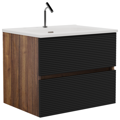 Gloria 24" Wall Mounted Soft Black & Walnut Bathroom Vanity with Integrated Ceramic Sink with Overflow, Large Storage Floating Bathroom Vanity for Modern Bathroom, KD image 3