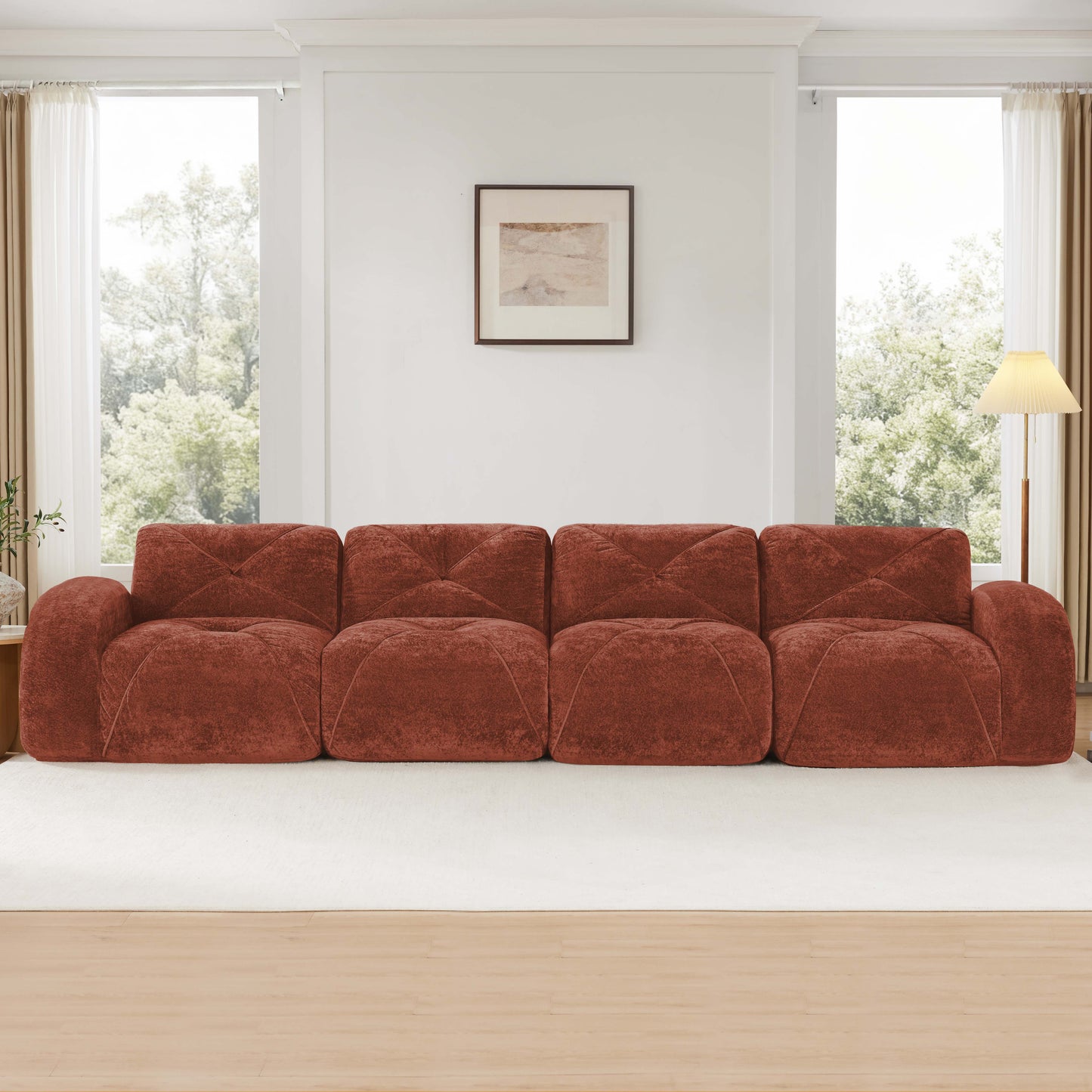 140''Soft Velvet Fabric,Boneless Sofa With Tufted,32D High Density Sponge,Ergonomic Design Bottom,No Assembly Required,Bottom Anti-Slip Design,For Living Rooms,Home Theater,Red Brown image 3