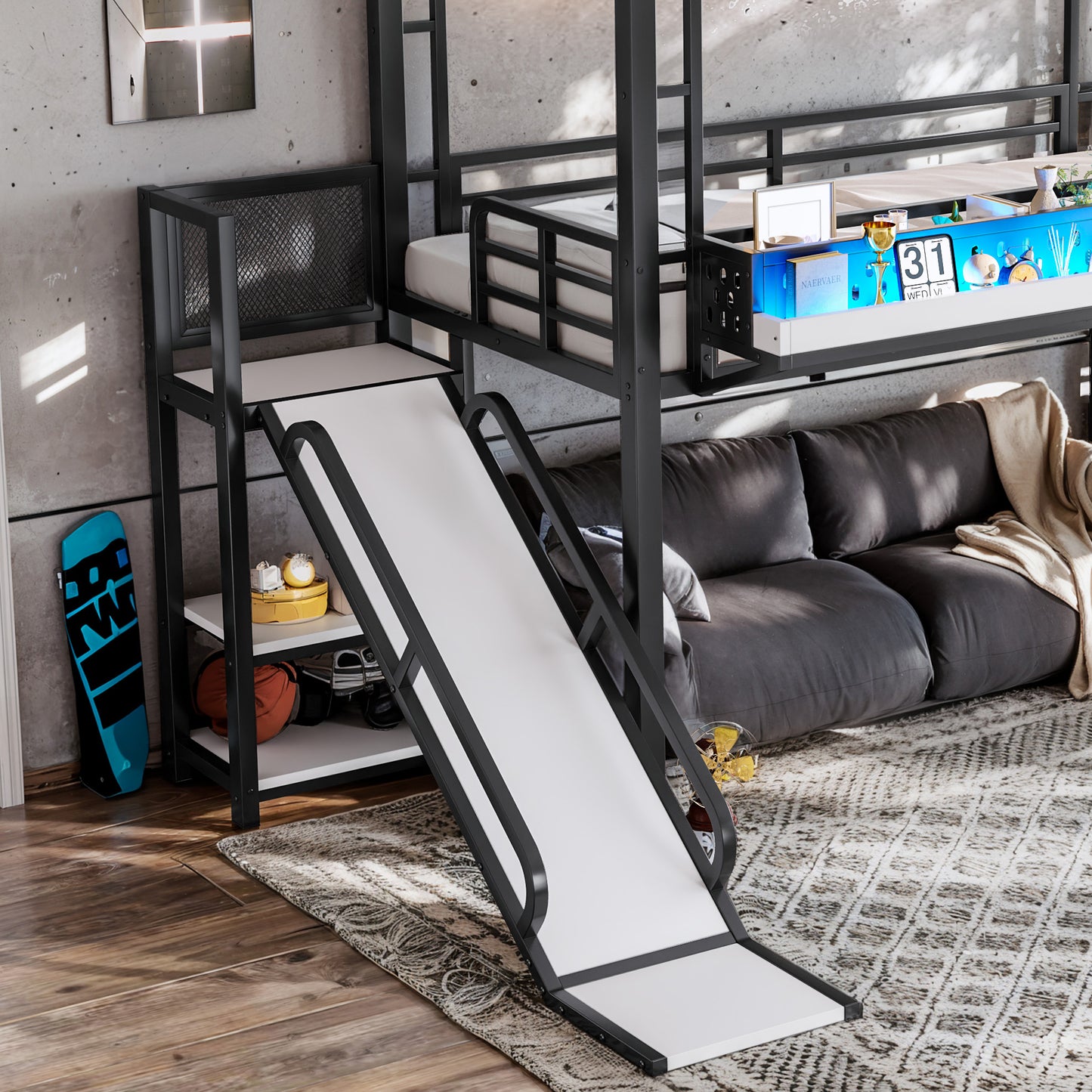 Twin Size Loft Bed with Storage Stairs, Shelves and Built-in Wardrobe, Metal Loft Bed Frame with USB Ports and LED Lights, Noise-reduced Design, Black image 7