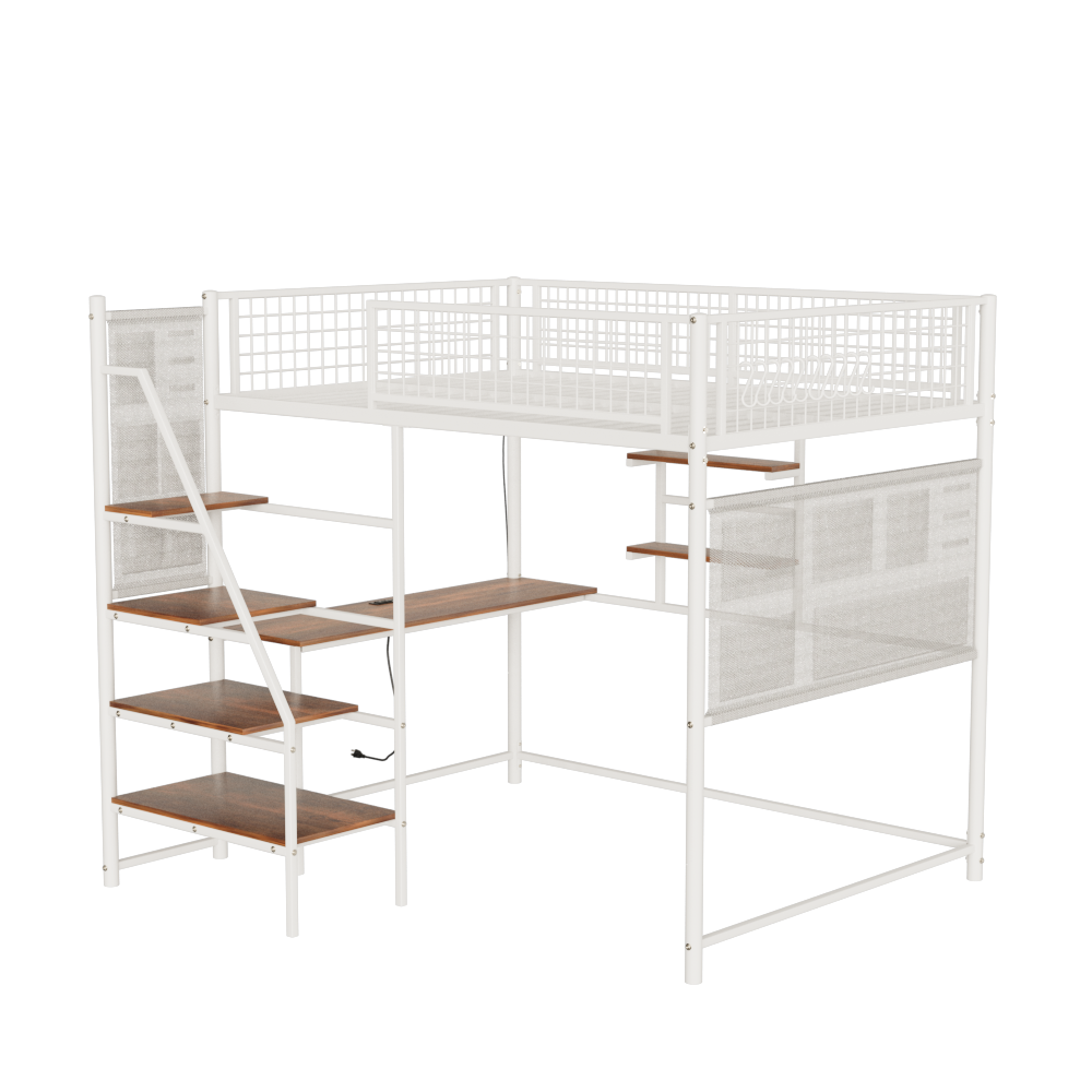 Full size loft metal bed with white for bedroom and dormitory, with built-in charging station and LED lighting image 6