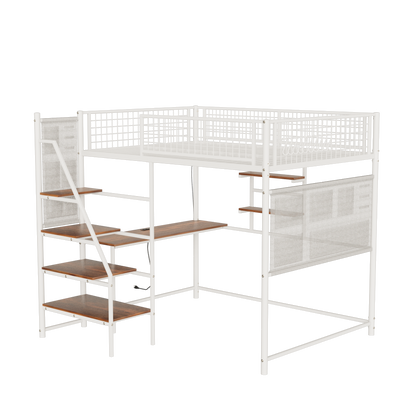 Full size loft metal bed with white for bedroom and dormitory, with built-in charging station and LED lighting image 6