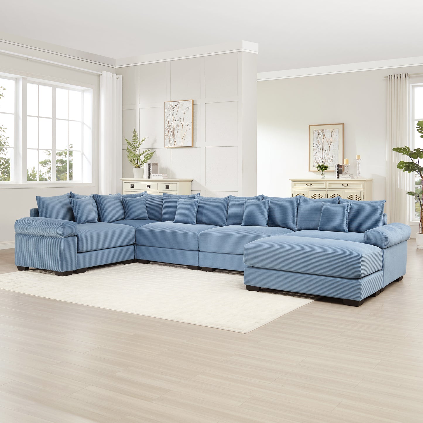 Oversized Cloud Modular Sectional Couch, Convertible Sectional Couches,Extra-Wide Armrests With An Ottoman,Premium Corduroy Fabric, Ergonomic Design,Easy Assembly,For Living Rooms Study,Blue image 2