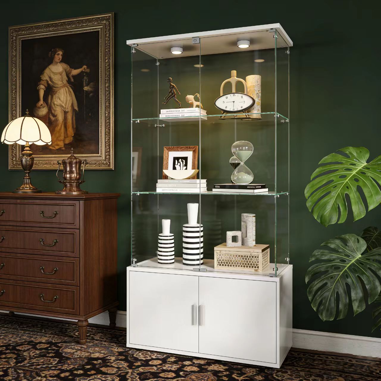 Double-door four-layer cabinet-style storage cabinet,display cabinet,wine cabinet,file cabinet,with remote-controlled PAIPAI lights,adjustable feet, can be placed in the living room,color:white image 2