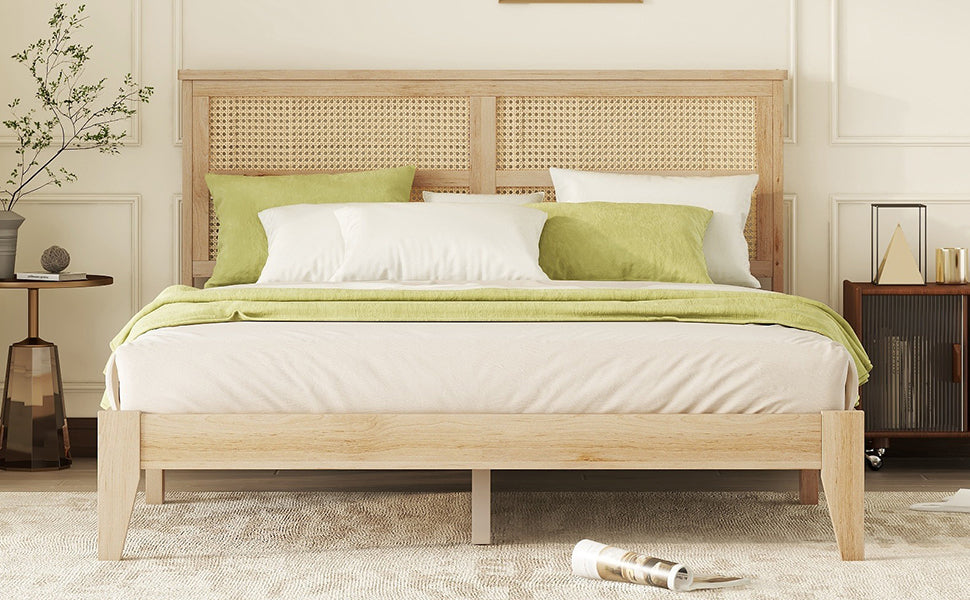 Queen Size Rubber Wooden, Solid Wooden Bed with Rattan Headboard, Enhanced by Support Feet,Natural image 12