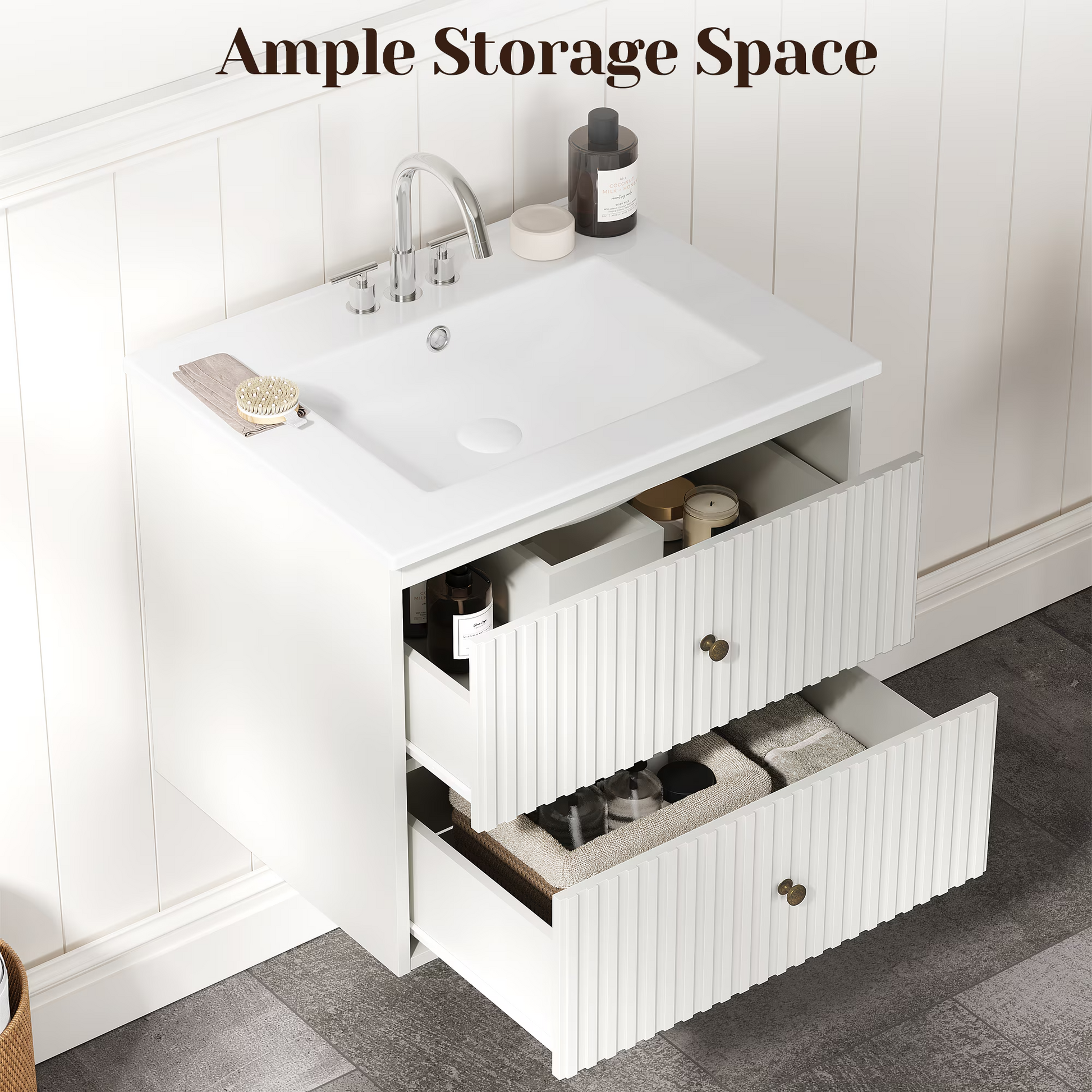 24'' Bathroom Vanity with Sink Set, Floating Bathroom Storage Cabinet with Doors and Drawers, Modern Vanity Sink Cabinet Wall Mount with Painted Surface, White image 4