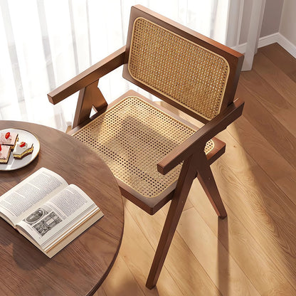 Modern Mid Century Dining Chairs Set of 2, Rattan Accent Chairs, Comfy Armchairs, Outdoor Wood Chairs with Armrest for Bedroom Living Room Reading Room Dining Kitchen, Brown image 5
