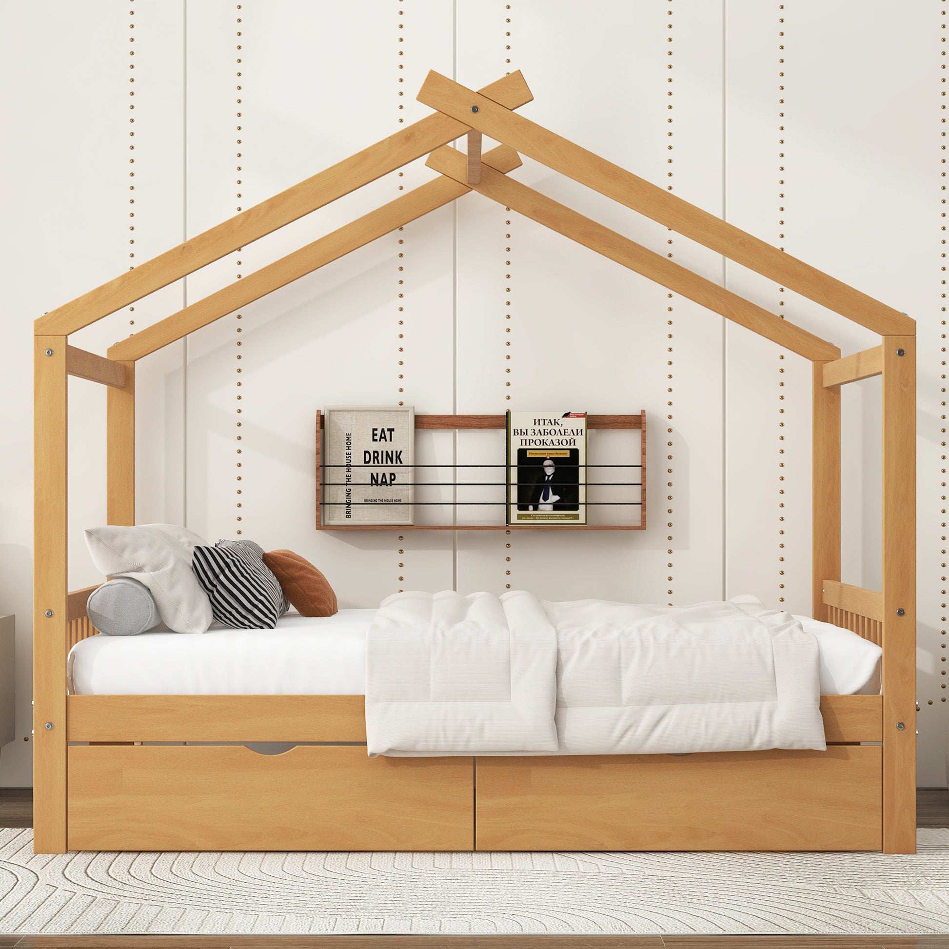 Full Size House Platform Bed with Two Drawers,Headboard and Footboard,Roof Design,Natural image 2