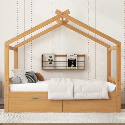Full Size House Platform Bed with Two Drawers,Headboard and Footboard,Roof Design,Natural image 2