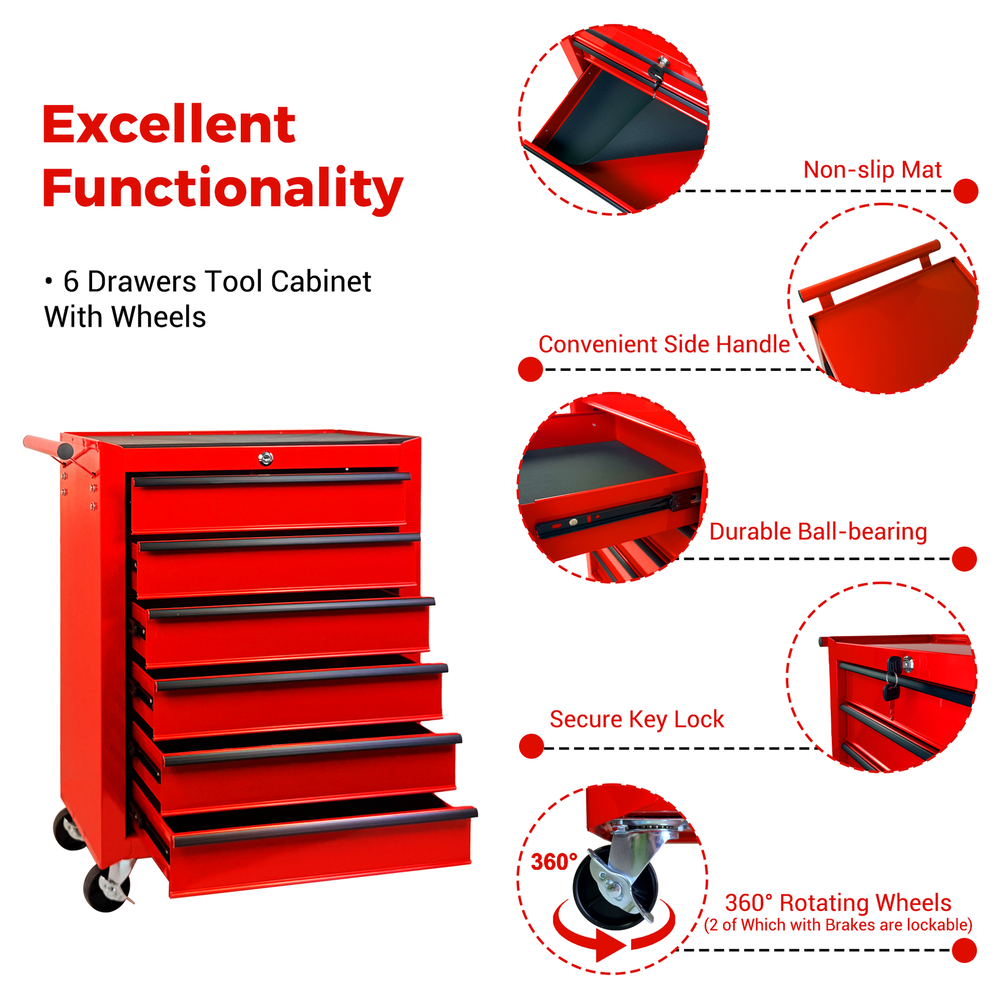 Rolling Metal Tool Chest with 6 Drawers, 20" 6-Drawer Tool Chest Cabinet with Ball Bearing Drawer Slides, Steel Tool Storage Box Organizer -RED image 3