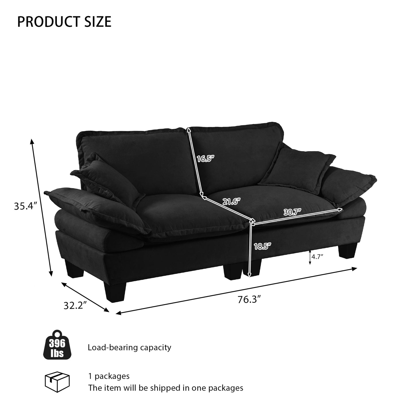 Chenille Sailboat Sofa, 2-Seater Modular Loveseat with Curved Armrests, Comfort-First Couch for Small Spaces & Apartments, Black image 2