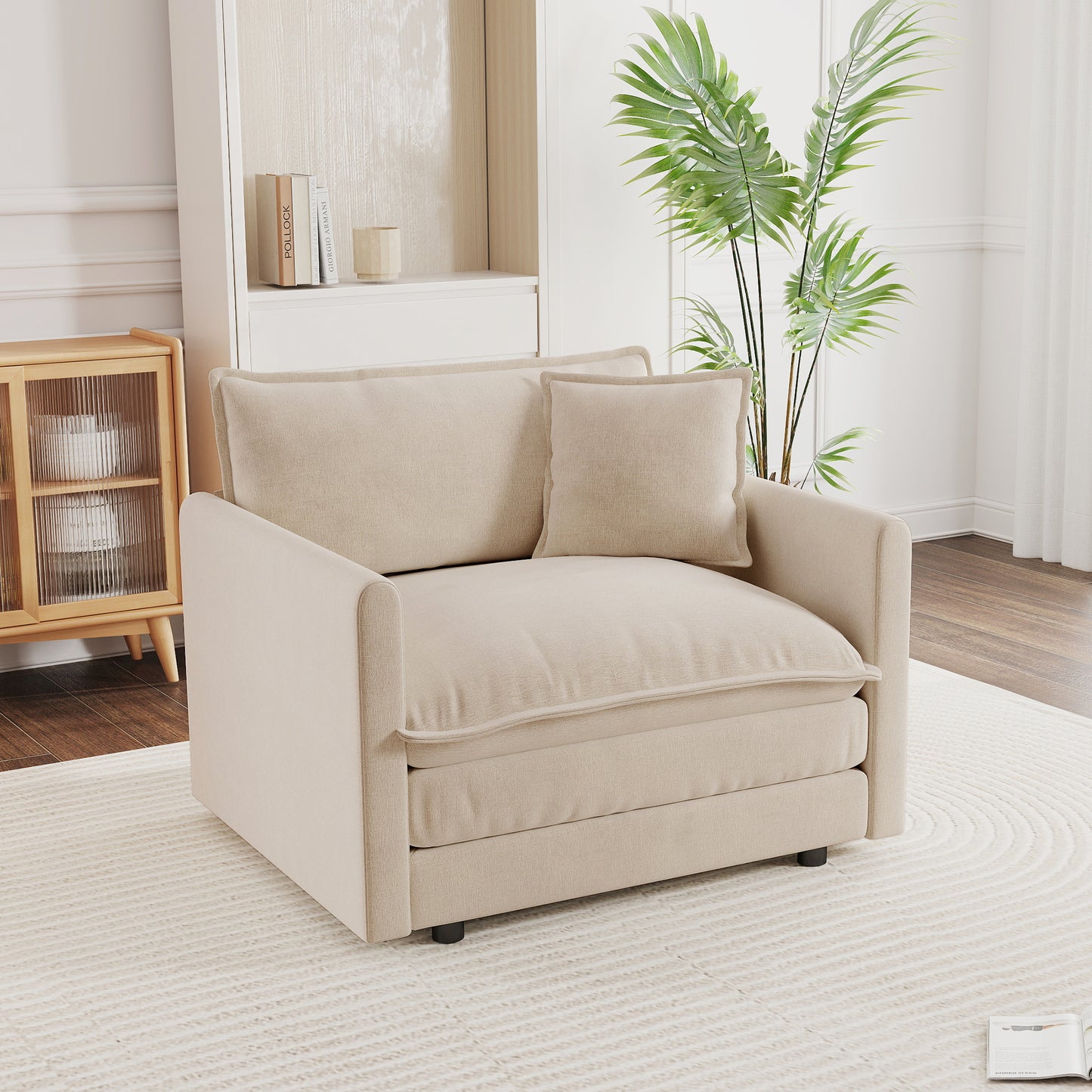 Comfy Deep Single Seat Sofa Upholstered Reading Armchair Living Room Chair light coffee Chenille Fabric, 1 Toss Pillow image 2