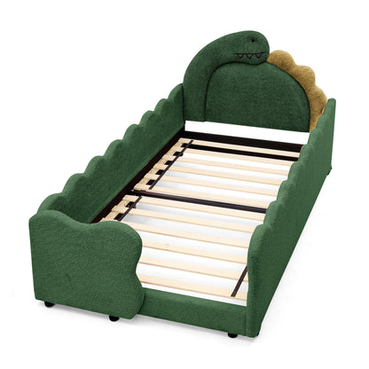 Twin Size Cute Dinosaur-Shaped Kids Bed with Safety Guardraild, Solid Wood Toddler Bed Frame for Children for Bedroom, Boucle Fabric image 10