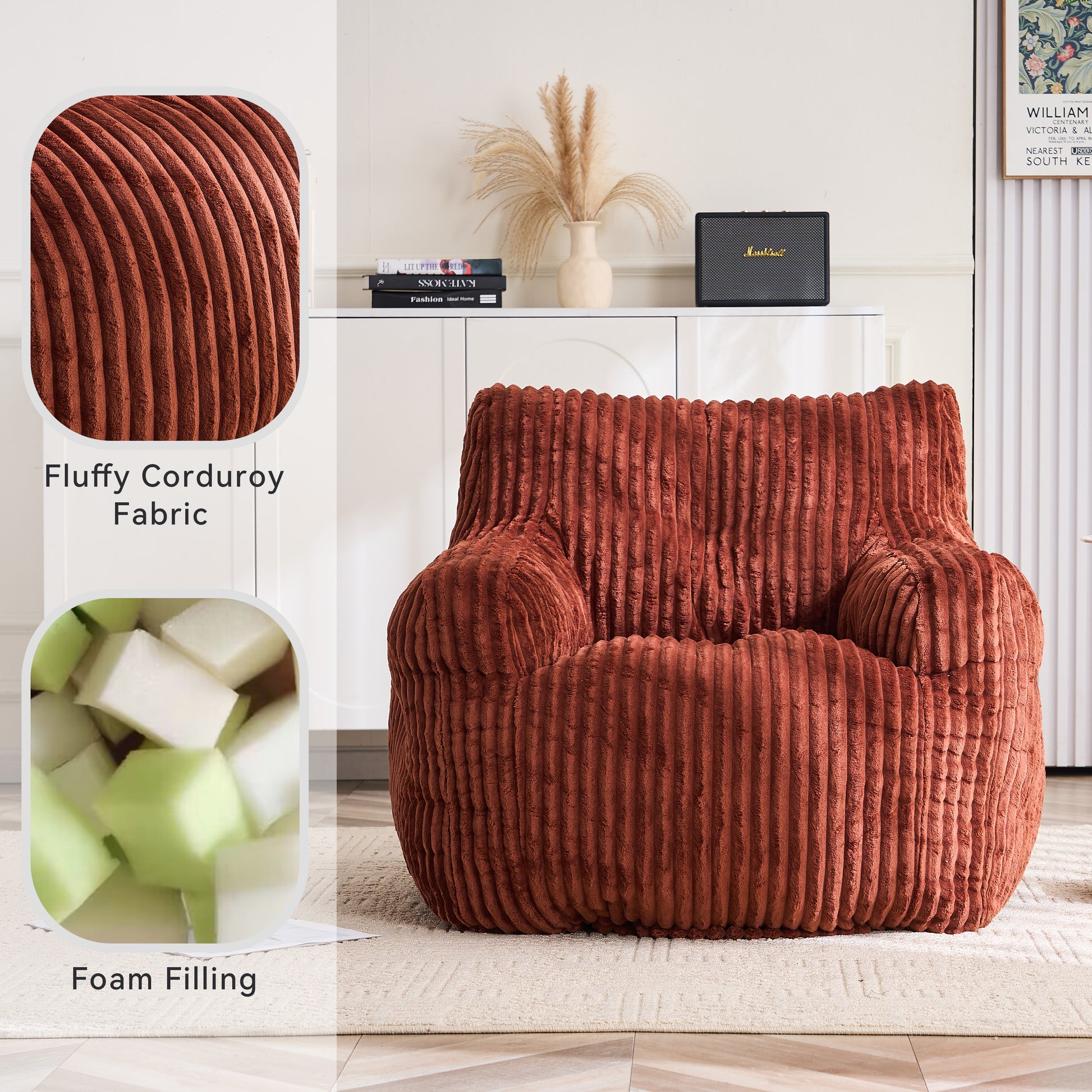 010-Soft Fluffy Corduroy Fabric Bean Bag Chair Filled With Memory Sponge,Red image 3