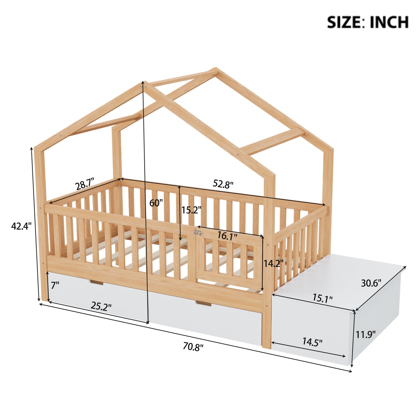 Toddler Bed with Storage Drawers & Lift-Top Chest, Solid Wood Bed with Safety Railings & Gate, Playhouse Bed Frame for Kids, Compatible with standard US toddler mattresses, Natural Wood & White image 4