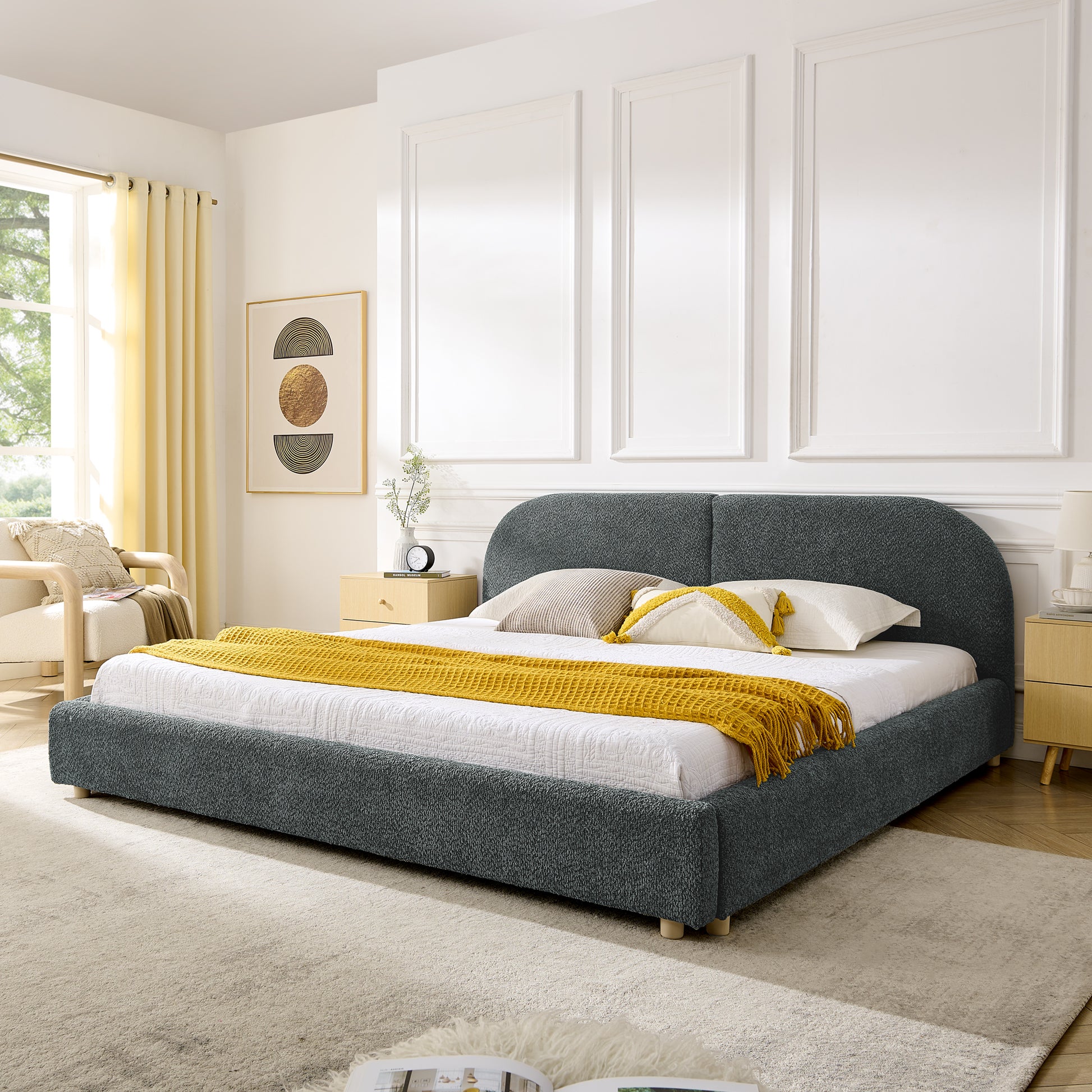 King Size Upholstered Bed Frame, Modern Minimalist Style with Tall Curved Headboard, Premium Circle Yarn Fabric & Sturdy Leg Support, Mattress Not Included-Dark Gray image 1