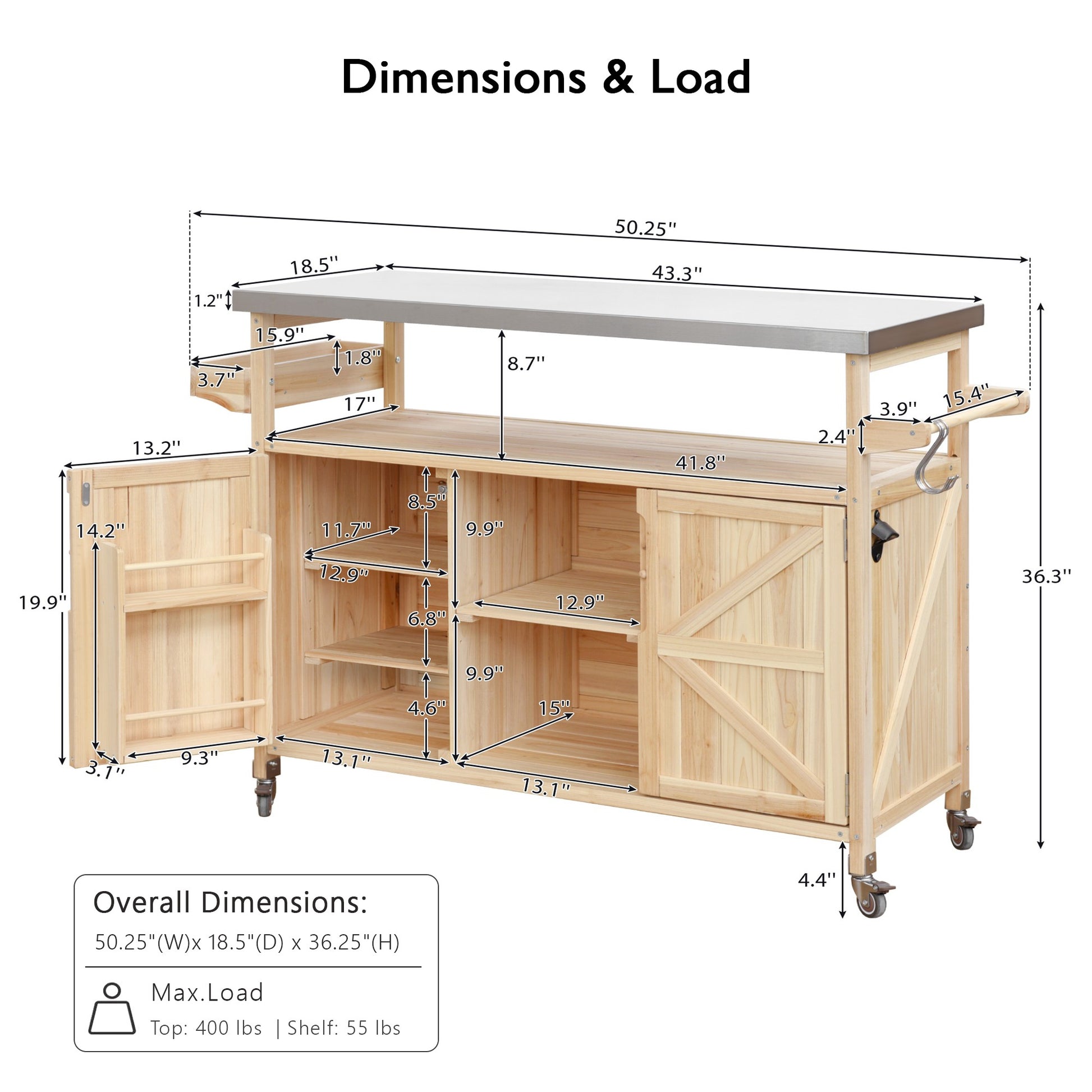 K&K Outdoor Kitchen Island, Rolling Bar Cart & Storage Cabinet, Farmhouse Solid Wood Outdoor Grill Table with Stainless Steel Top, Spice Rack, Towel Rack for Kitchen & BBQ, Natural image 8