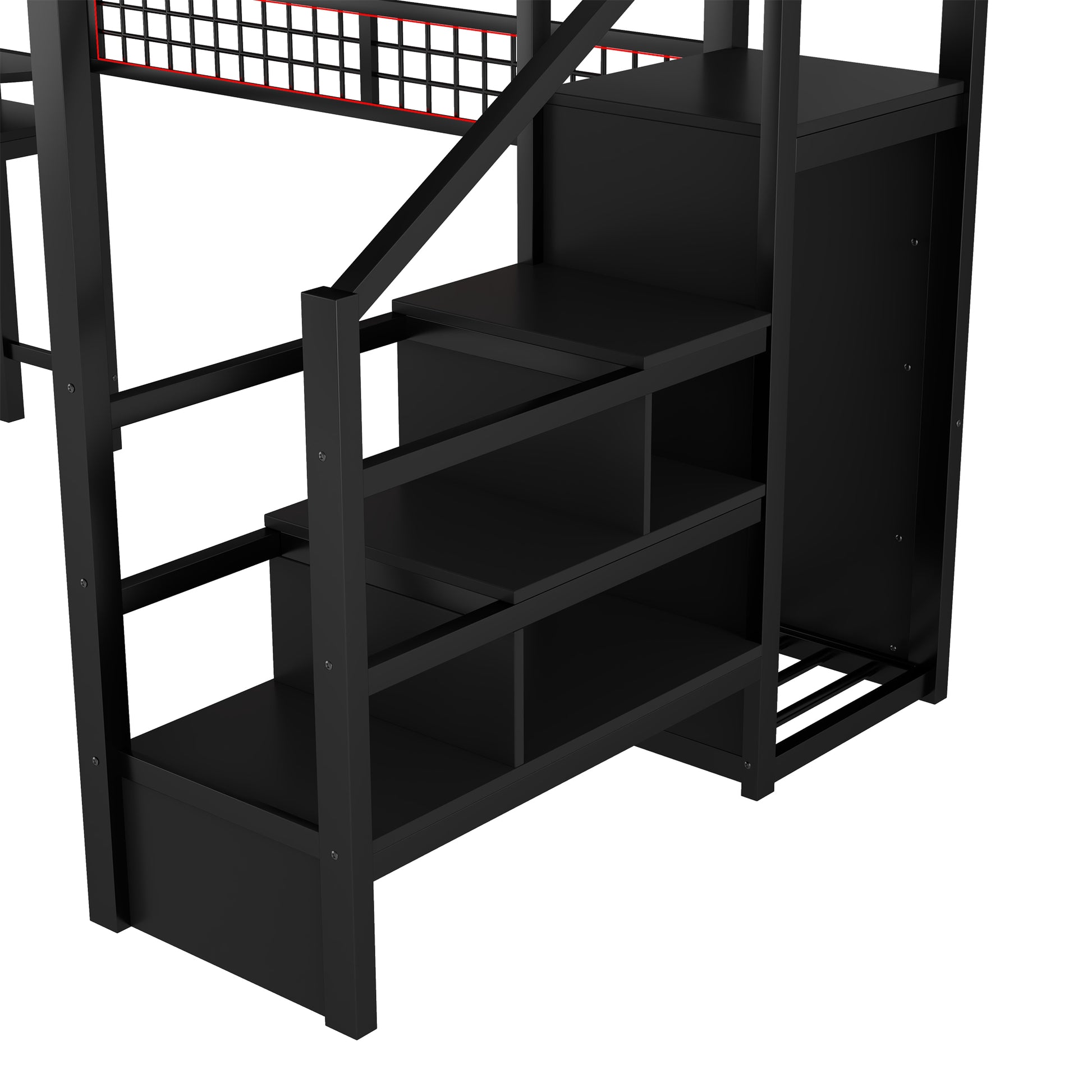 Full Size Loft Bed with Stairs, Metal Full Loft Bed with High Guardrails and Beside Storage Shelf, High Loft Bed with Wardrobe for Kids Teens, black(Expect Arrival Date2026/5/18) image 9