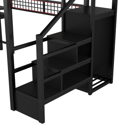Full Size Loft Bed with Stairs, Metal Full Loft Bed with High Guardrails and Beside Storage Shelf, High Loft Bed with Wardrobe for Kids Teens, black(Expect Arrival Date2026/5/18) image 9