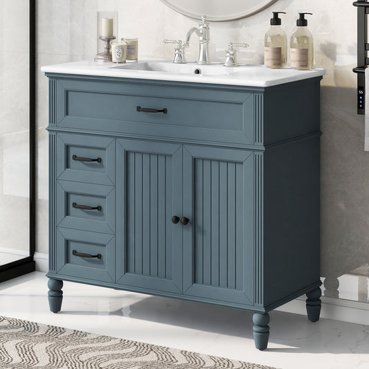 36 inch gray blue bathroom vanity with ceramic sink front view