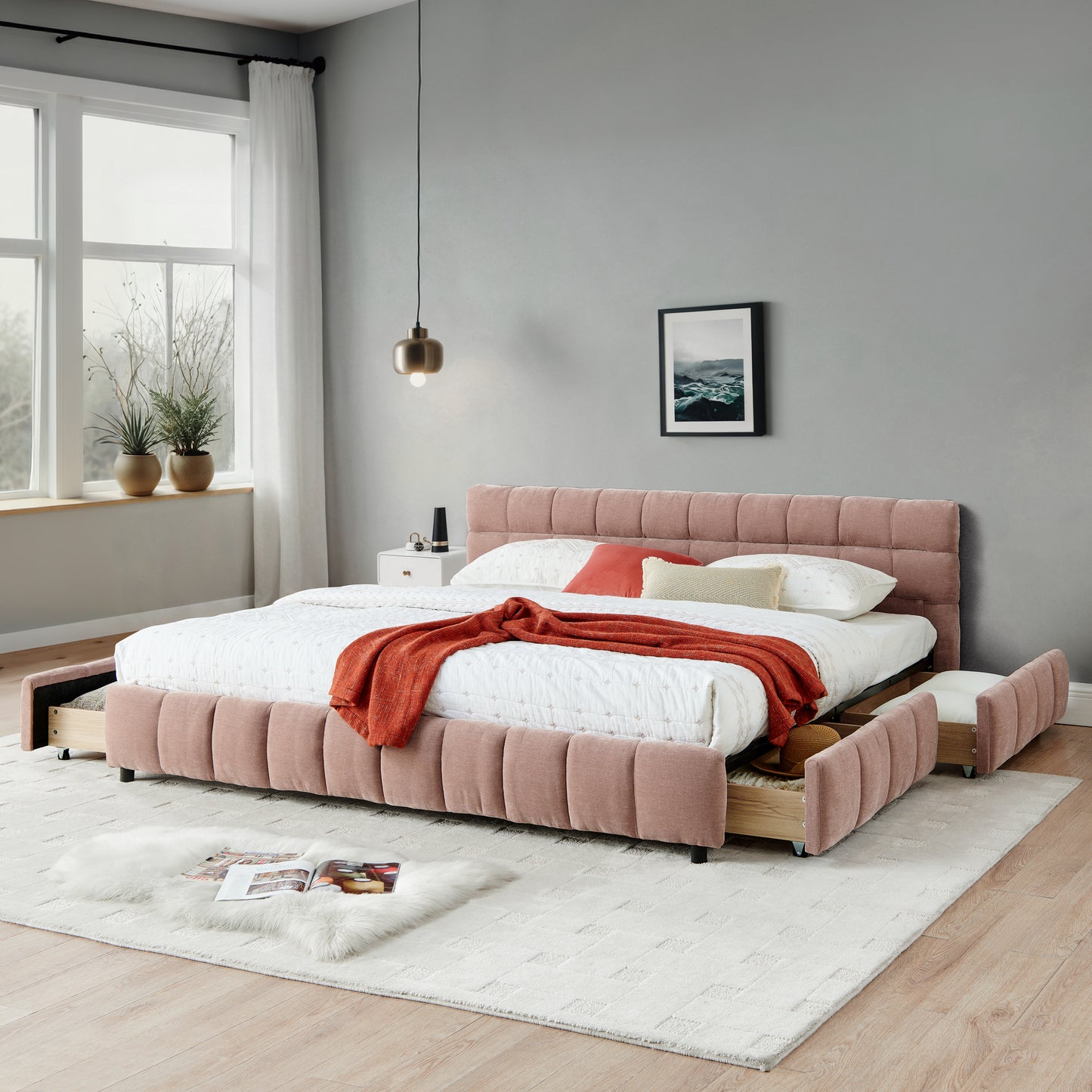 California King size Upholstered Bed,comfortable upholstered bed frame, Chenille fabric, with headboard and solid bed frame. With drawer for storage.-Pink(90.5''*80.5''*31'') image 2