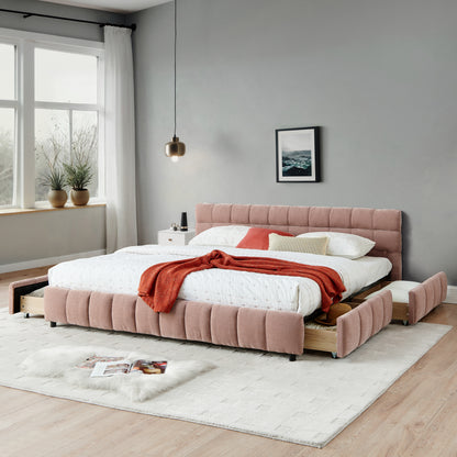 California King size Upholstered Bed,comfortable upholstered bed frame, Chenille fabric, with headboard and solid bed frame. With drawer for storage.-Pink(90.5''*80.5''*31'') image 2