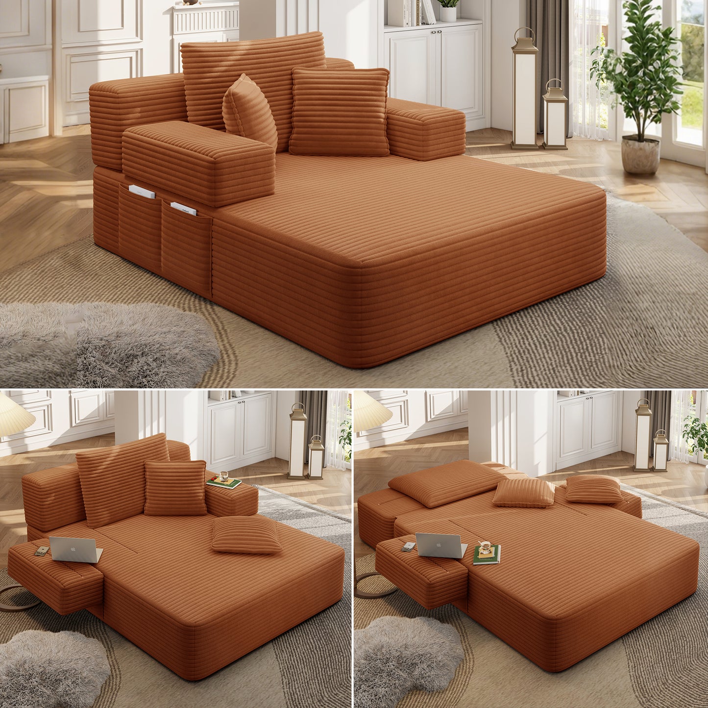 Luxurious Plush Corduroy Chaise Lounge with 3 Pillows, Convertible Sofa Bed with Storage Pocket, Frameless Design & Compression Foam for Small Spaces, Living Room, Apartment,Orange image 1