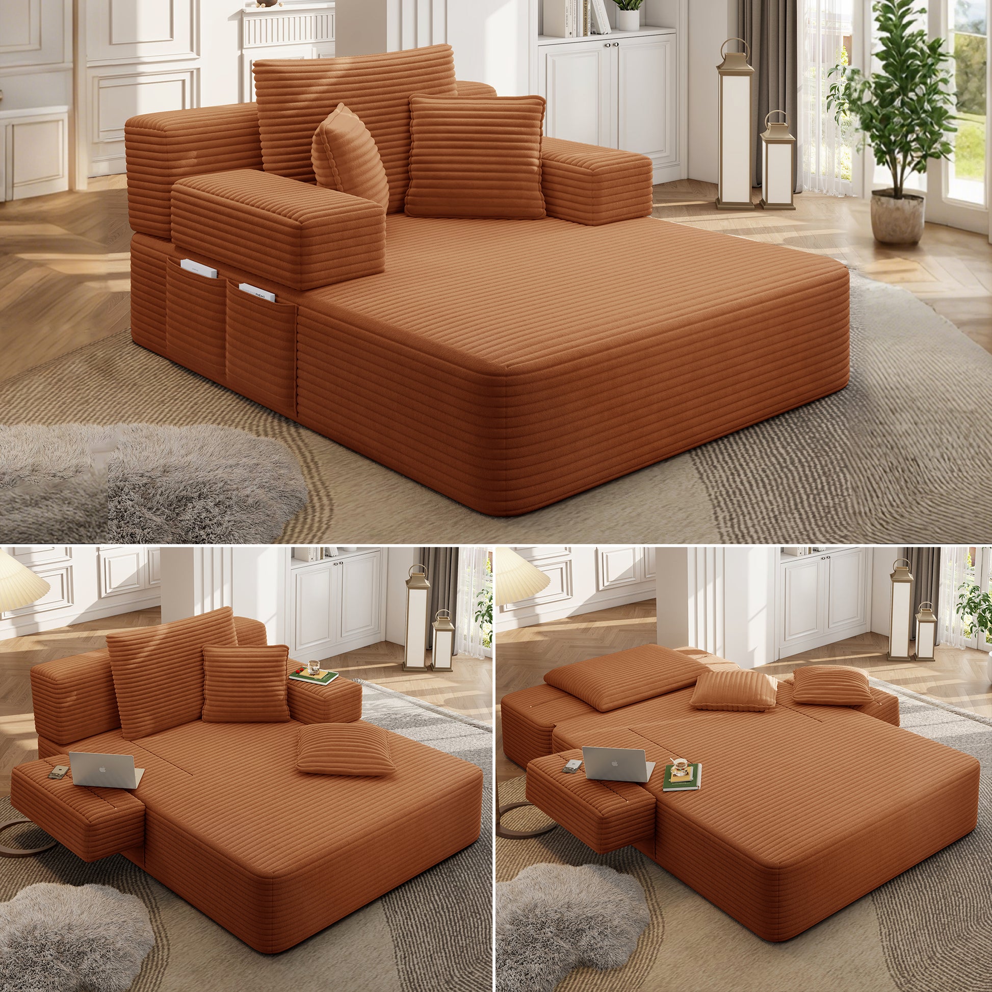 Luxurious Plush Corduroy Chaise Lounge with 3 Pillows, Convertible Sofa Bed with Storage Pocket, Frameless Design & Compression Foam for Small Spaces, Living Room, Apartment,Orange image 1