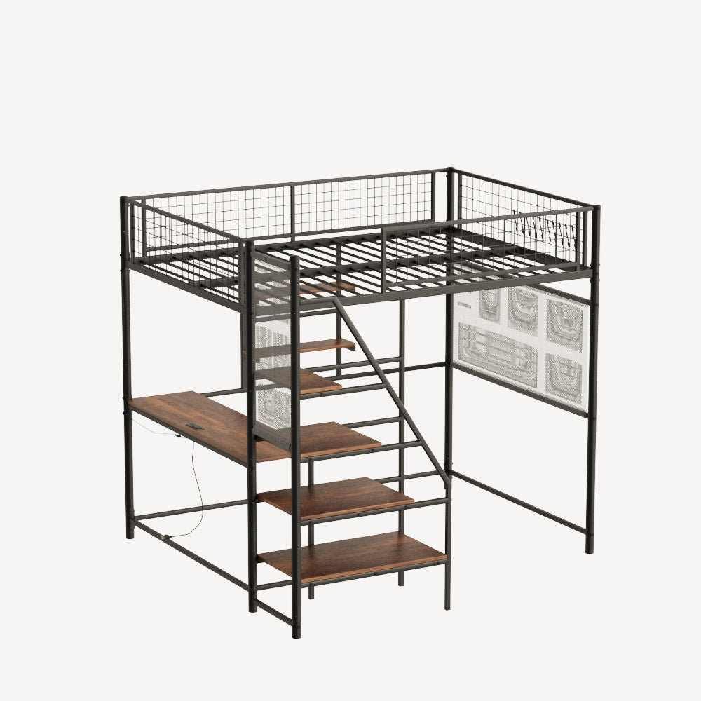Full size loft metal bed with black for bedroom and dormitory, with built-in charging station and LED lighting image 10