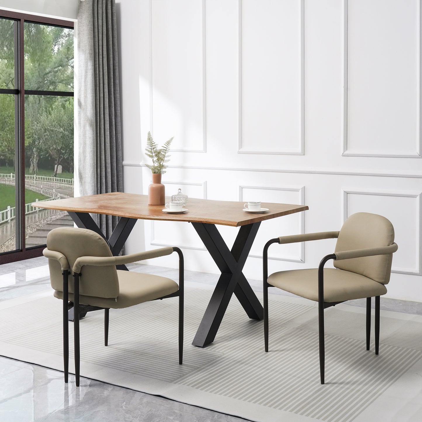Dinning Chair with iron frame-Set of 2-Espresso+Khaki image 1