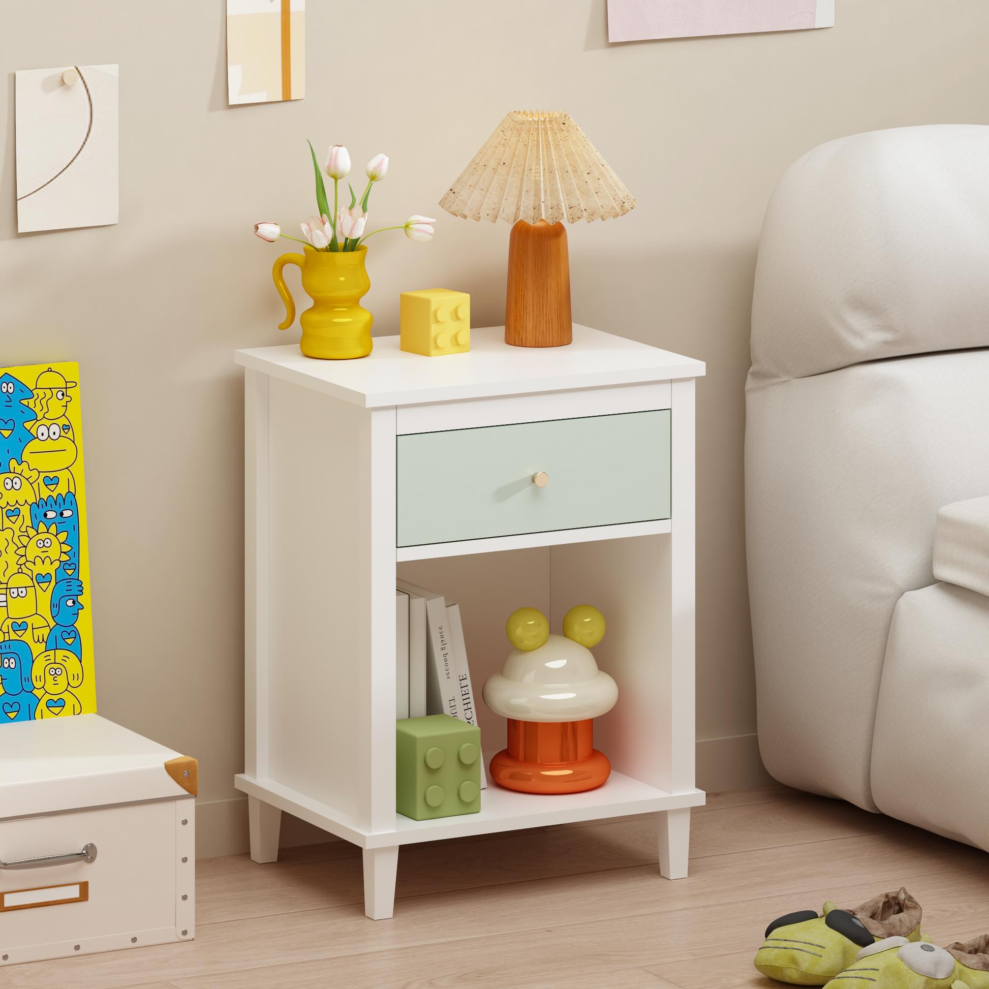 26.77''H Wooden Nightstand with One Drawer One Shelf for Kids, Adults, Sage+Golden handle image 1