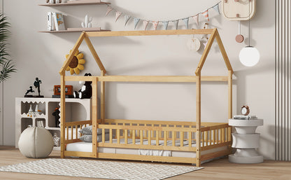 Twin Size House Floor Wooden Bed with Roof Frame,Safety Guardrails,Natural (Old Sku W504P286404) image 6