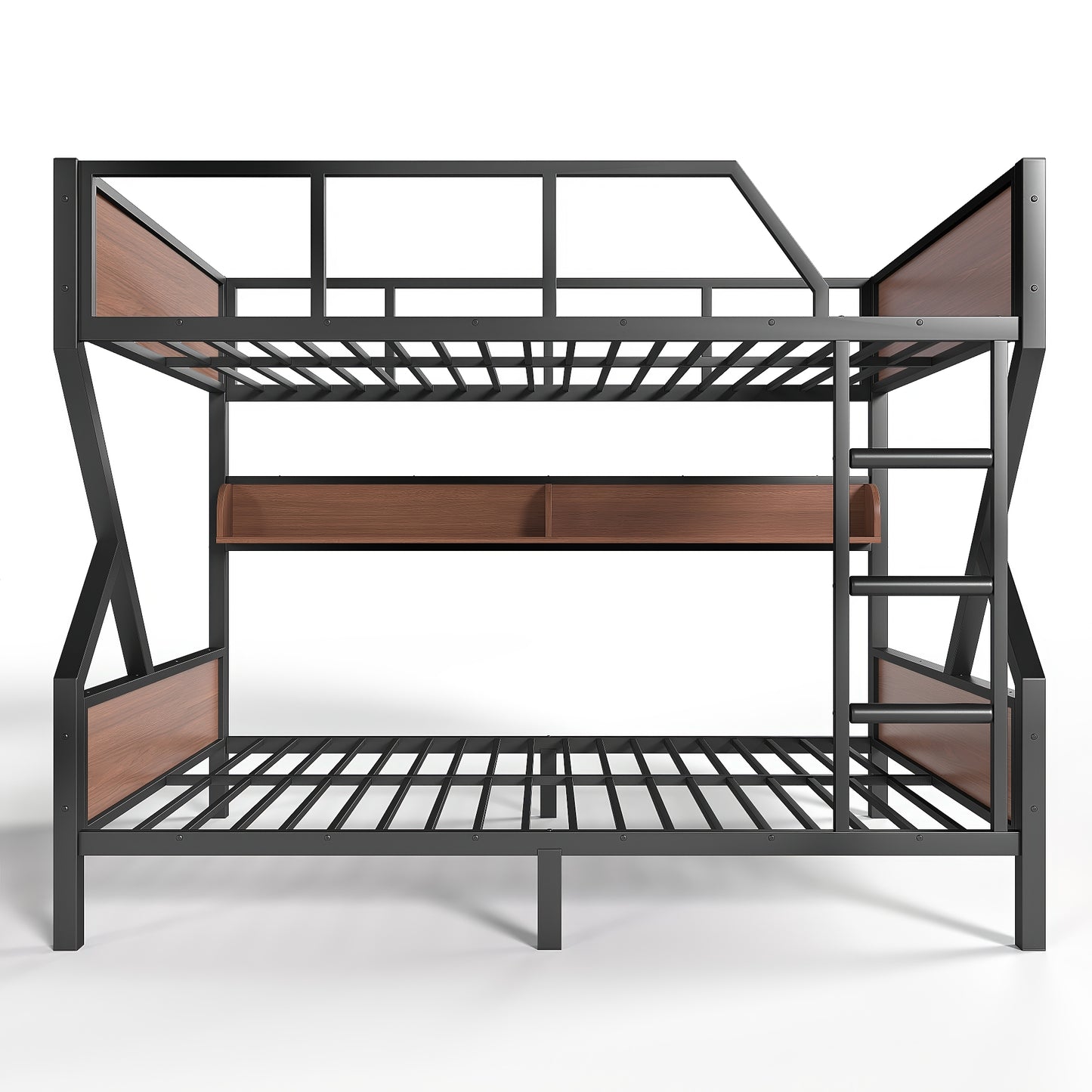 Full over Full Bunk Bed, Metal Bunk Bed with Storage Shelves and Lights, Space-saving & Noise-free Design, Black image 10