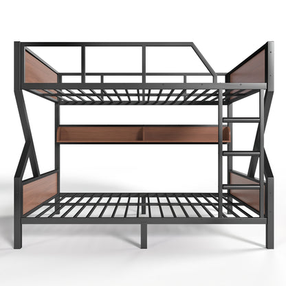 Full over Full Bunk Bed, Metal Bunk Bed with Storage Shelves and Lights, Space-saving & Noise-free Design, Black image 10