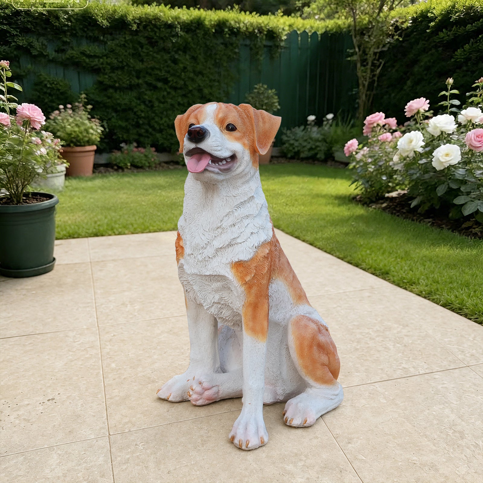 Lifelike Hound Dog Statue, Realistic Resin Animal Figurine for Indoor Outdoor Garden Lawn Yard Home Decor, Art Craft Gift, Brown+White image 2