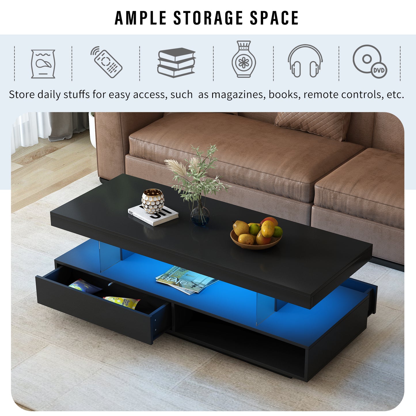 VIBE HAUS LED Coffee Table with Storage, Modern Center Table with 2 Drawers and Display Shelves, Accent Furniture with LED Lights for Living Room,Black image 7