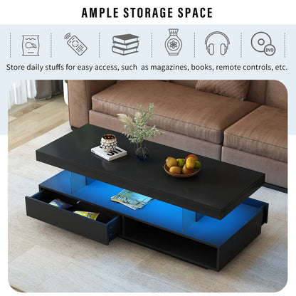 VIBE HAUS LED Coffee Table with Storage, Modern Center Table with 2 Drawers and Display Shelves, Accent Furniture with LED Lights for Living Room,Black image 7