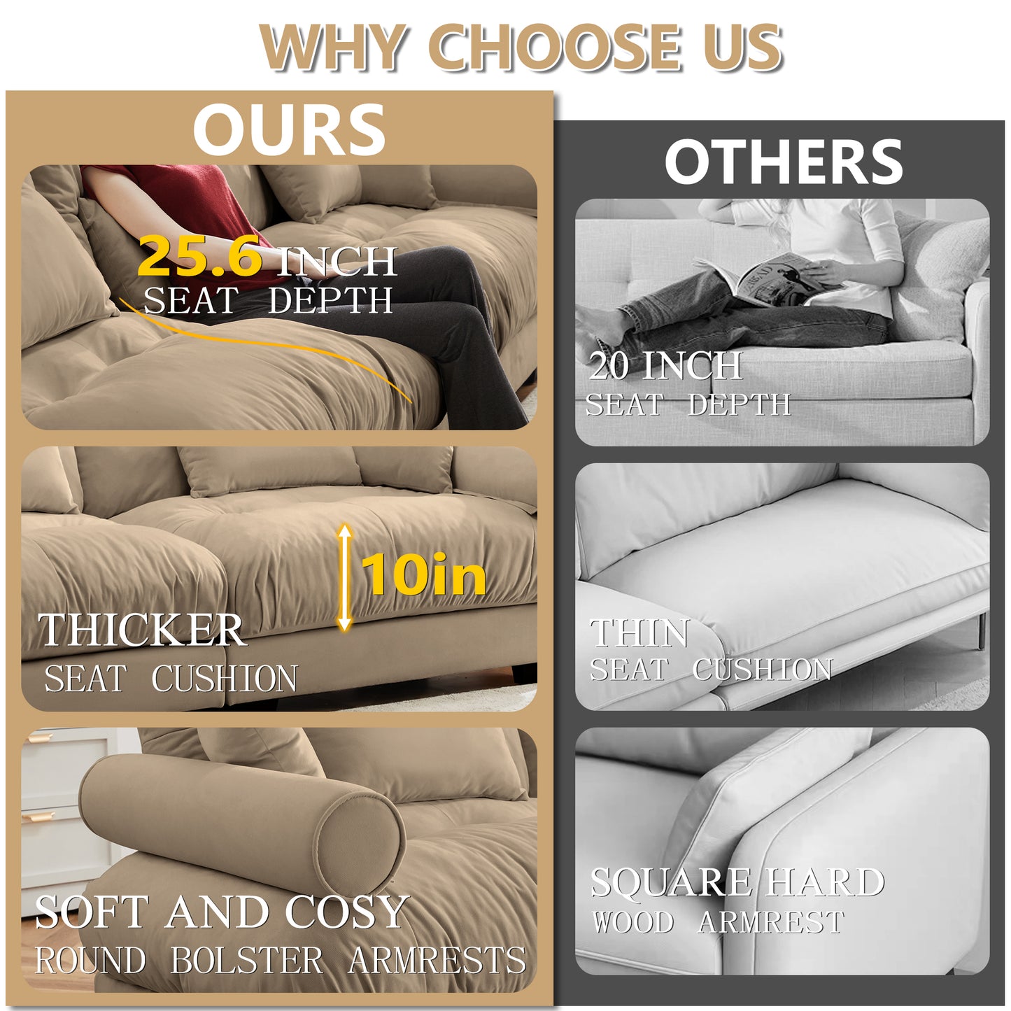 Over Size Modern Two-seater Sofa with Ottoman, Velvet 2-Seater with Round Bolster Armrests,With Waist Pillow and Throw Pillows, Reading Room, Loft and Bedroom,Camel image 10