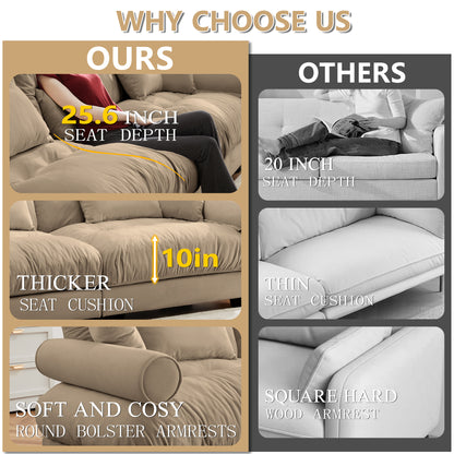 Over Size Modern Two-seater Sofa with Ottoman, Velvet 2-Seater with Round Bolster Armrests,With Waist Pillow and Throw Pillows, Reading Room, Loft and Bedroom,Camel image 10