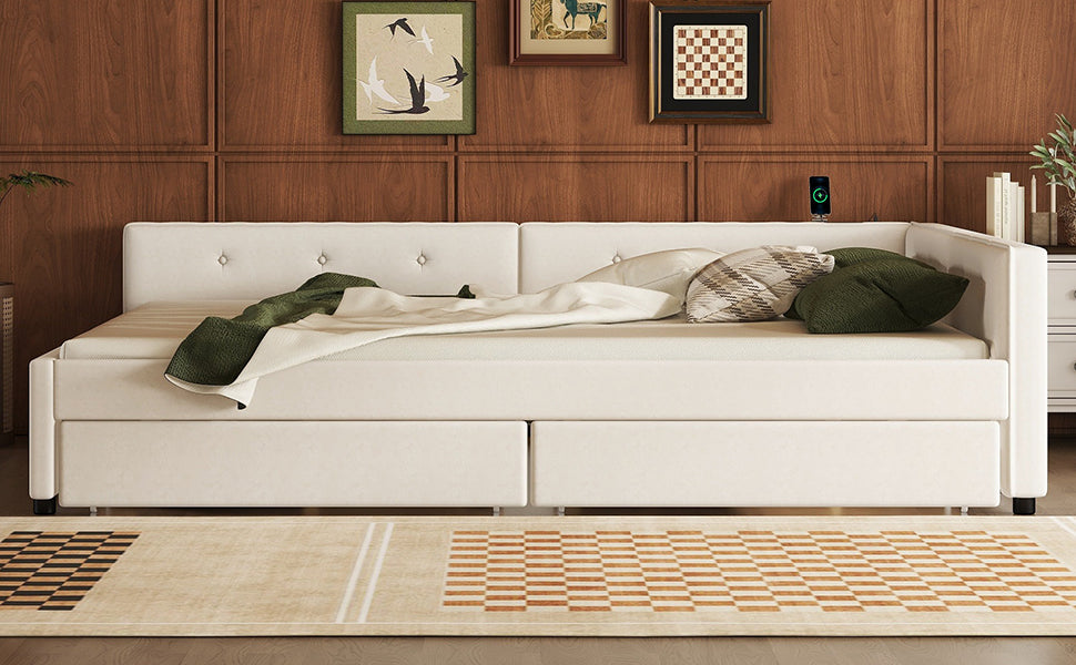 Queen Size Upholstered Platform Bed with USB and 2 Drawers, Beige image 8