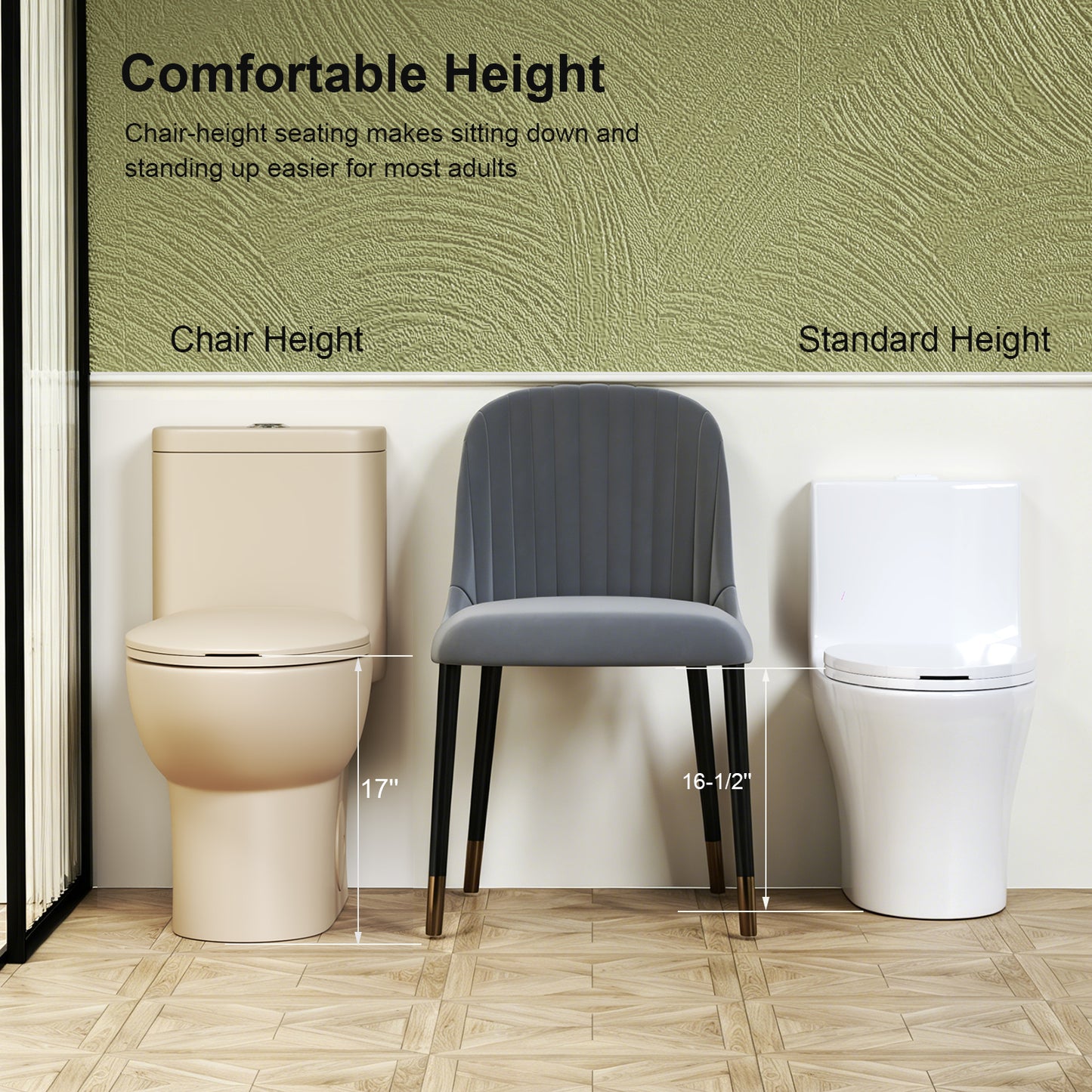 1.1/1.6 GPF Tornado Flush One-Piece Toilet with Comfort Chair Seat ADA Height 17",Powerful & Quiet Dual Flush Modern Toilet,Siphonic S-trap 12",Rimless Bowl with Soft Closing Seat, khaki
2KK-006 image 8