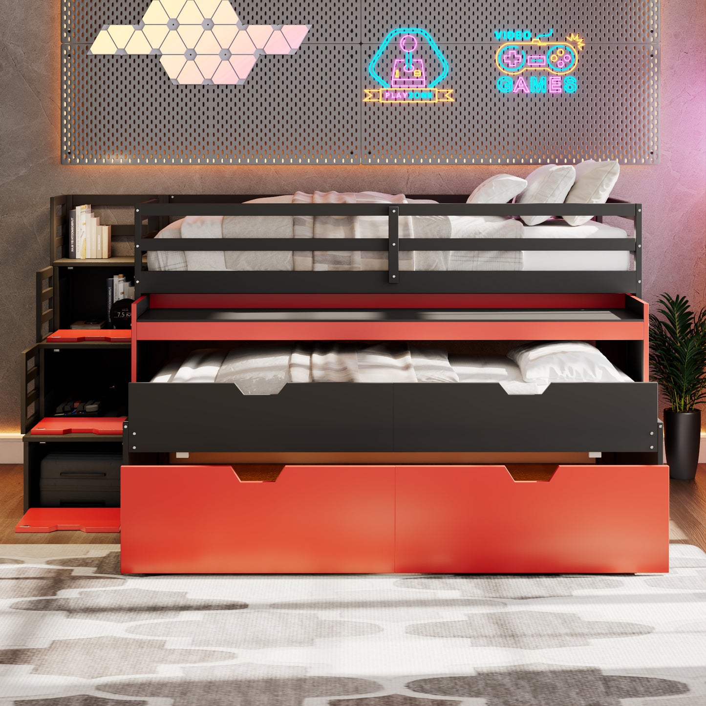 Twin XL Loft Bed with Pull-Out Desk and Twin Trundle, Multi-Functional Bunk Bed with 2 Storage Drawers and Storage Steps, Space-Saving Gaming & Workstation Bedframe, Black+Red image 3