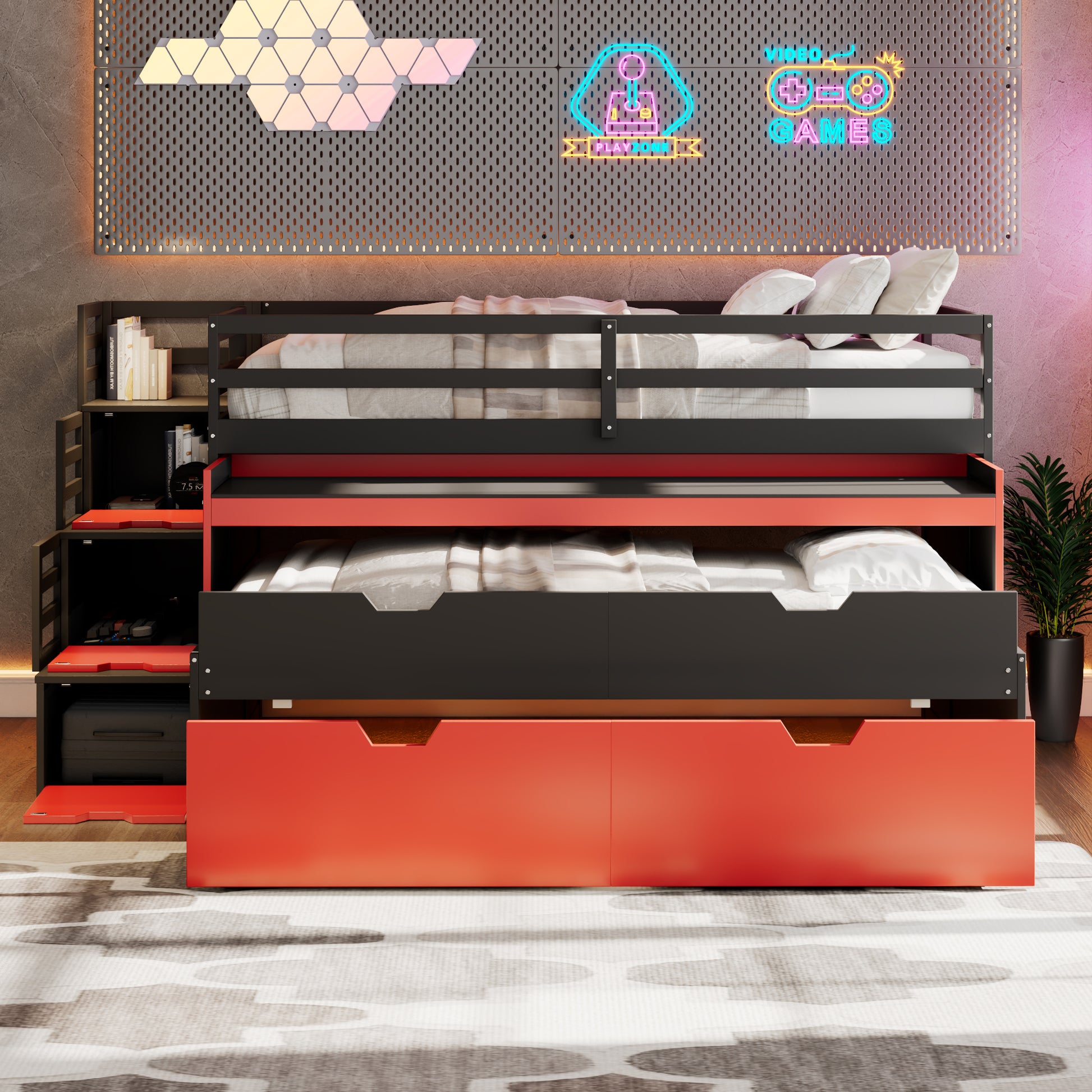 Twin XL Loft Bed with Pull-Out Desk and Twin Trundle, Multi-Functional Bunk Bed with 2 Storage Drawers and Storage Steps, Space-Saving Gaming & Workstation Bedframe, Black+Red image 3